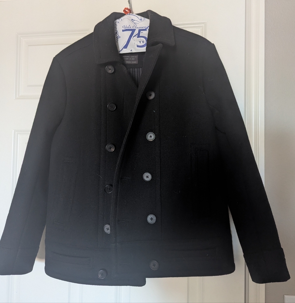 Allsaints Sptalfeilds Navy Blue Wool Pea Coat
